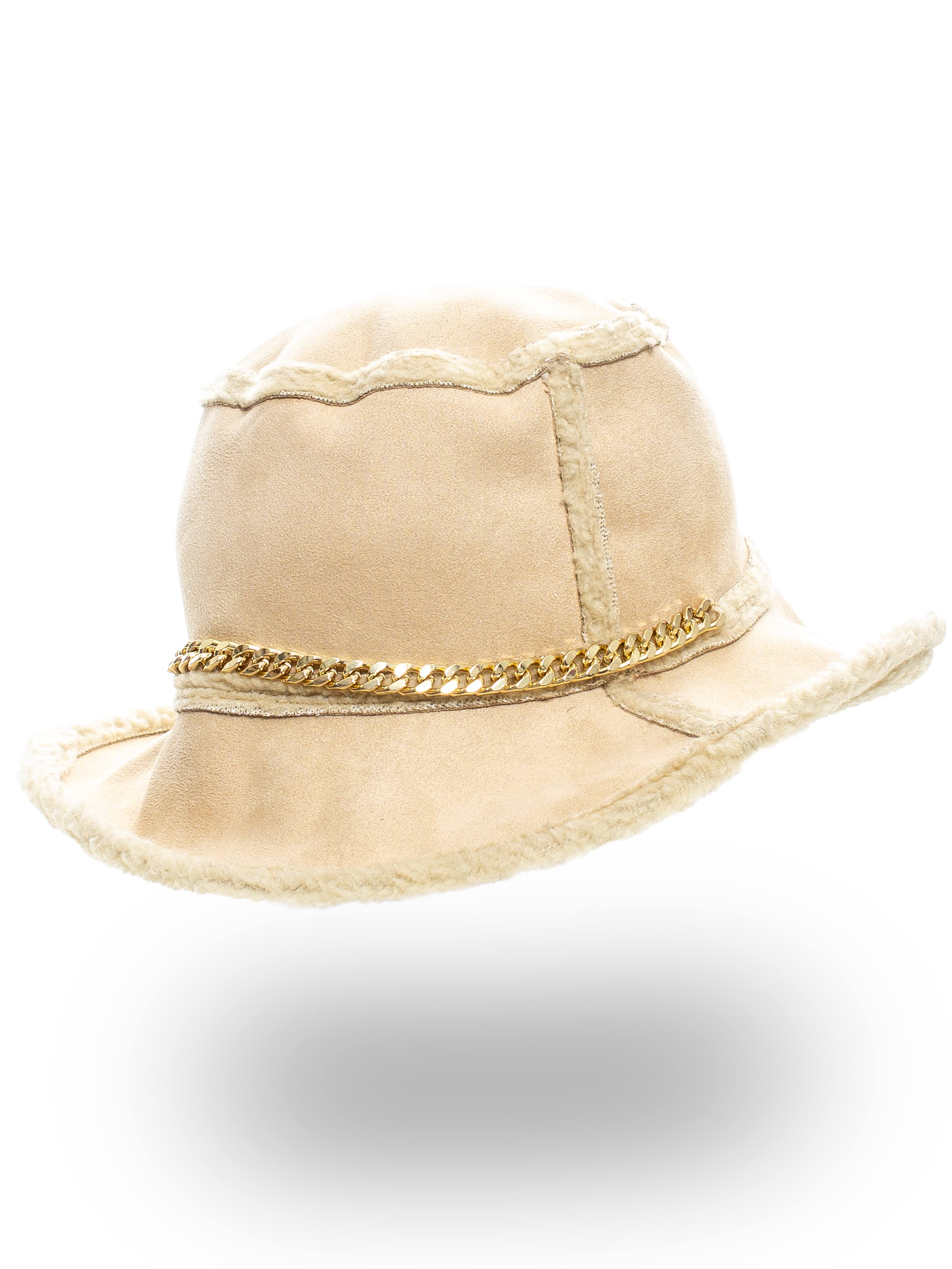 CAPPELLO SHERLING TESA LARGA CON CATENA DORATA, 100%POLY, MADE IN ITALY